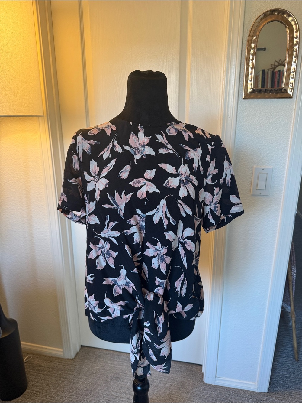Madewell Black Floral Tie-Front Blouse with Pink and White Flowers